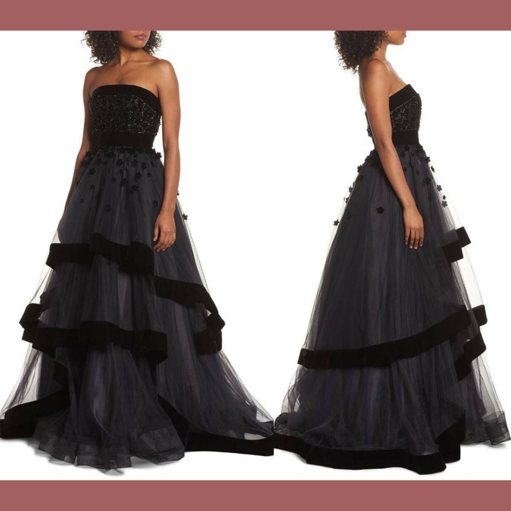 NWT $558 Mac Duggal Velvet Trim Strapless Ballgown in Black [SZ 0 ]‎